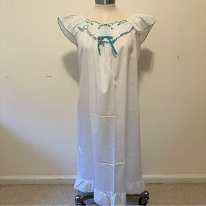 VTG Nightgown Turquoise Polka Dot Embroidered Cottagecore Sleeveless Sz. M